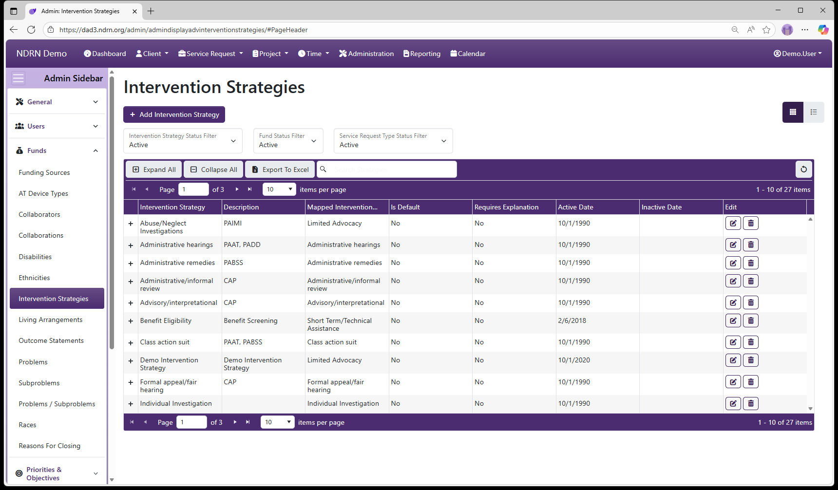Intervention Strategies admin page screenshot