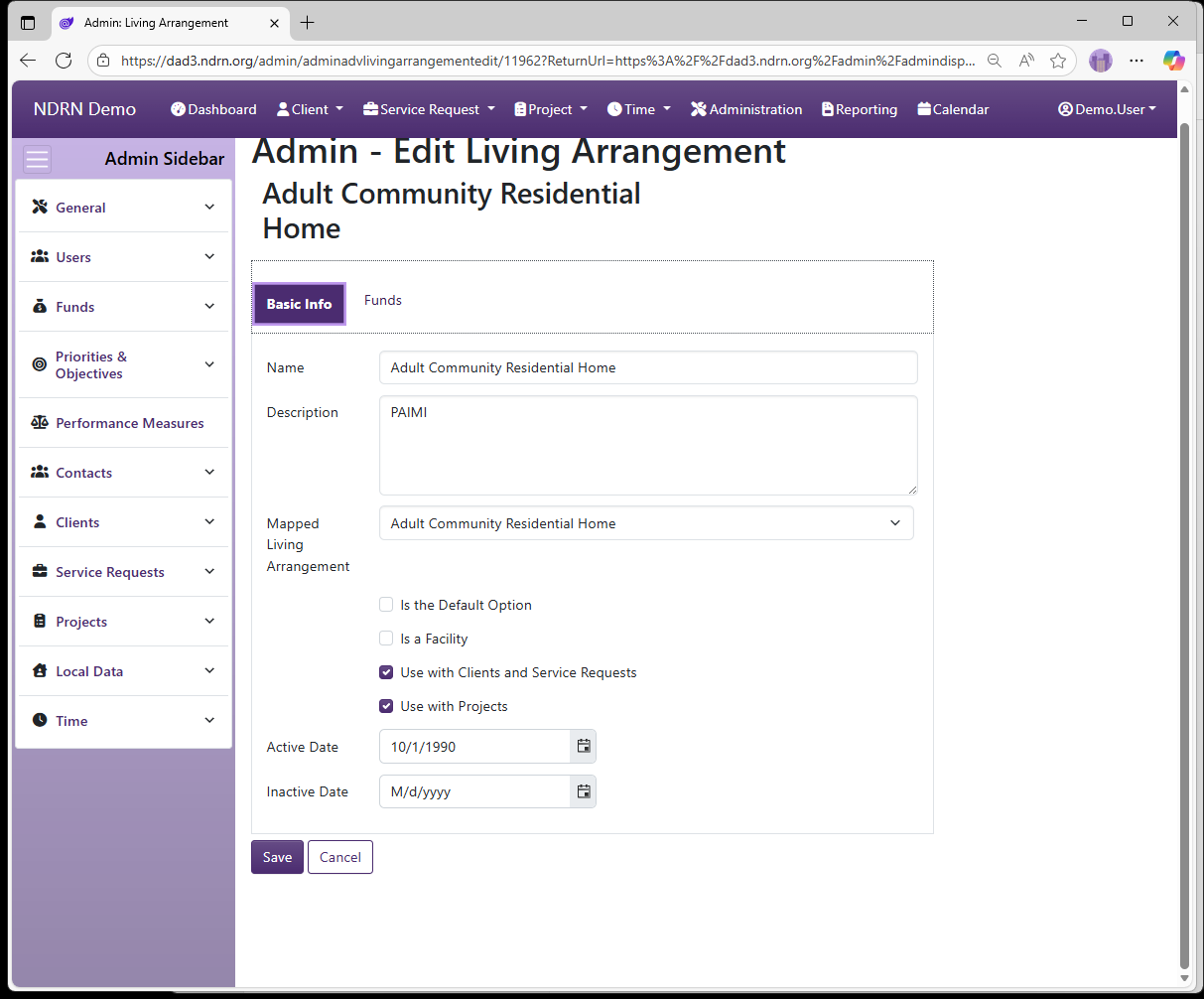 Screenshot of Funds Living Arrangements Form Basic Info tab