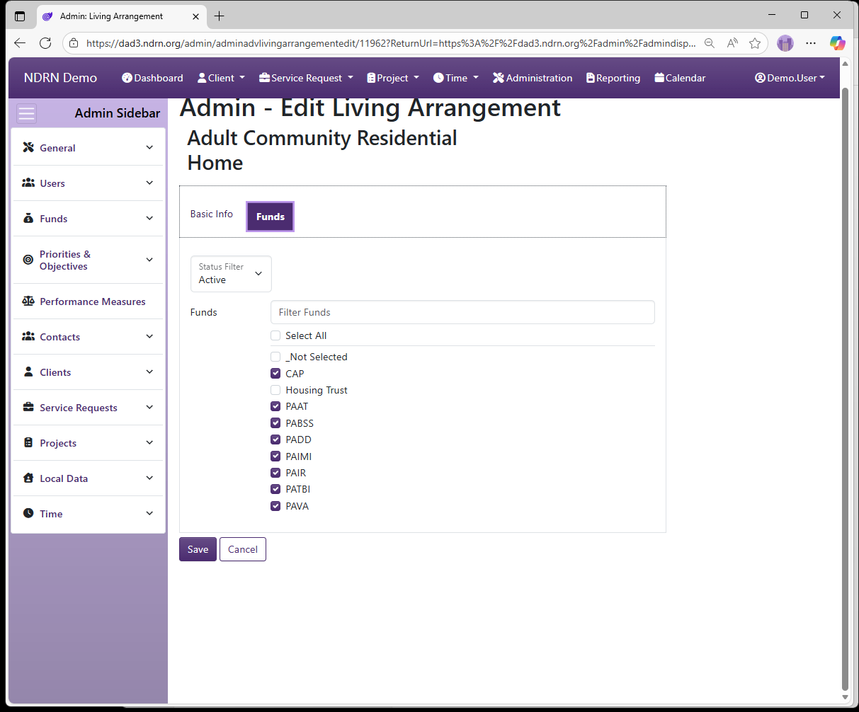 Screenshot of Funds Living Arrangements Form Funds tab