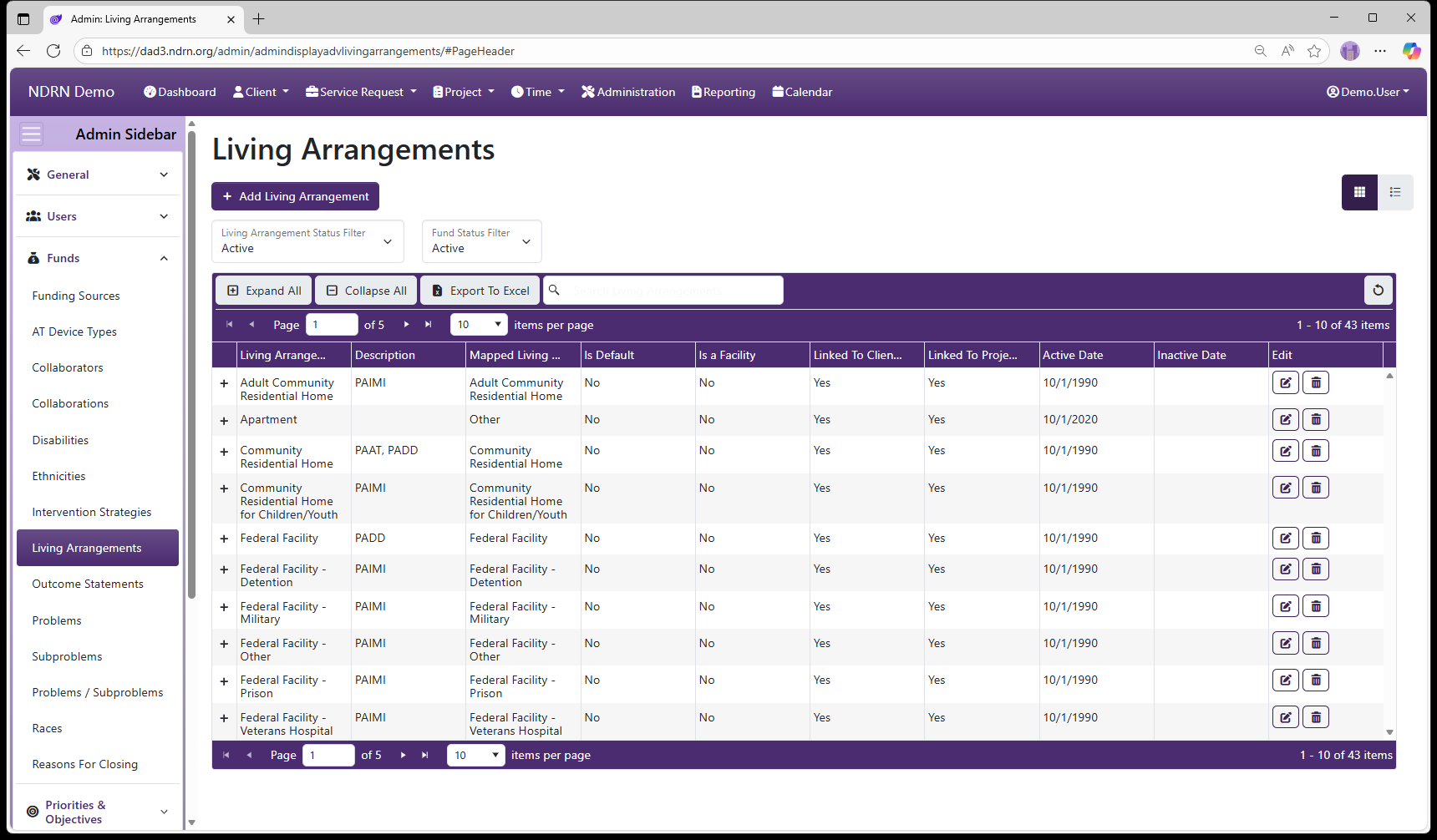 Living Arrangements admin page screenshot