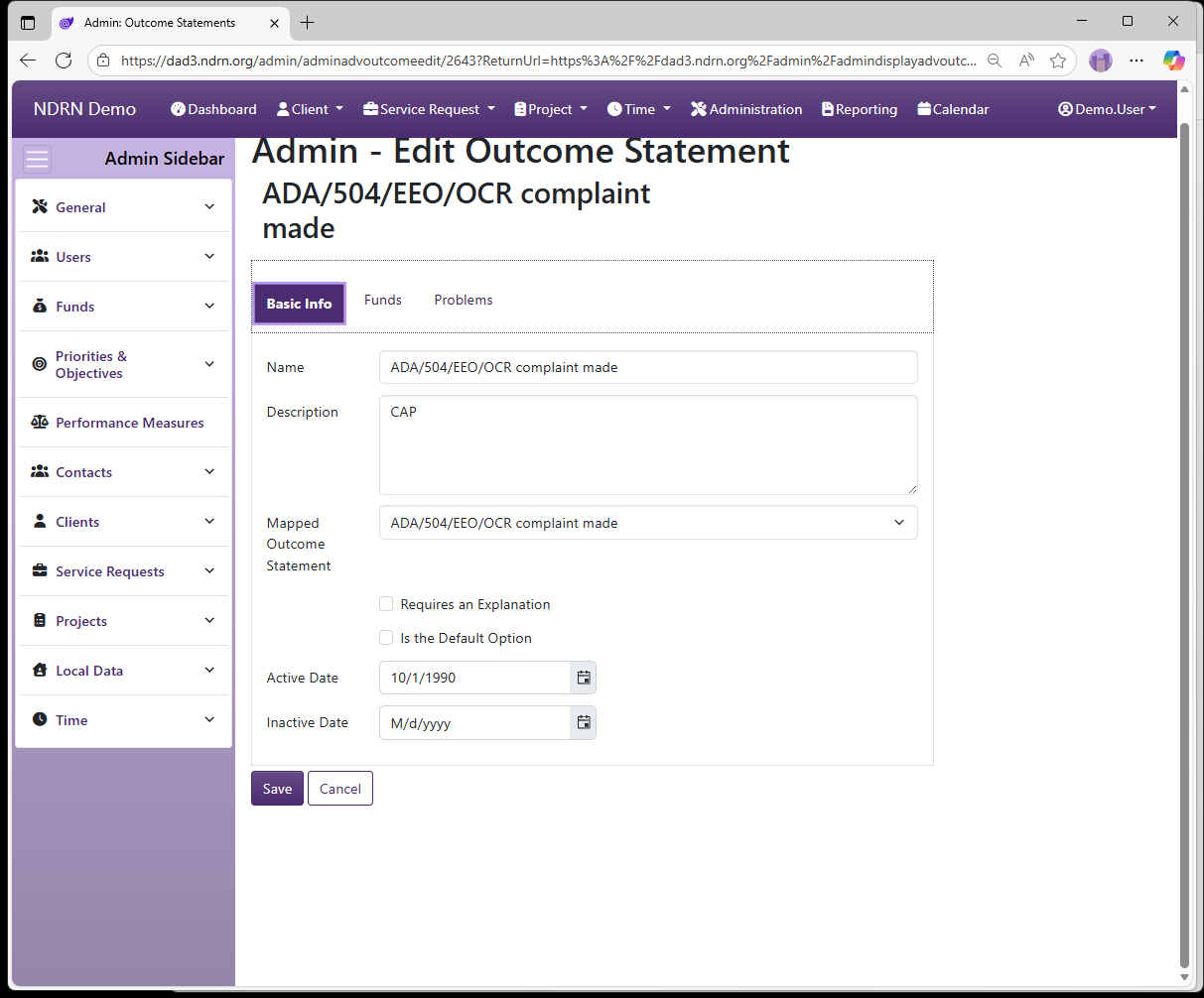 Screenshot of Funds Outcome Statements Form Basic Info tab