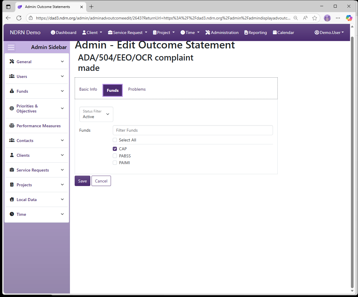 Screenshot of Funds Outcome Statements Form Funds tab