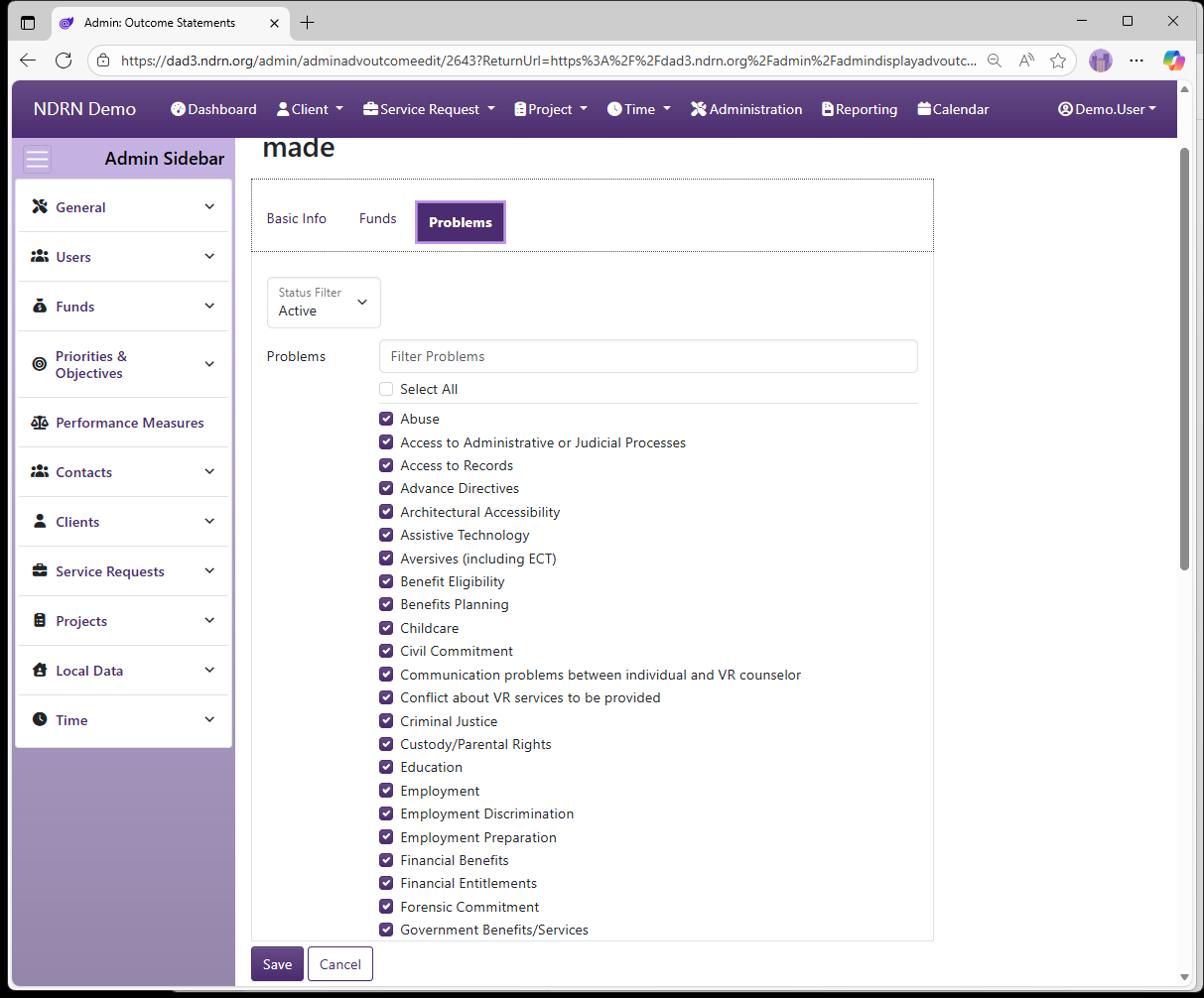 Screenshot of Funds Outcome Statements Form Problems tab