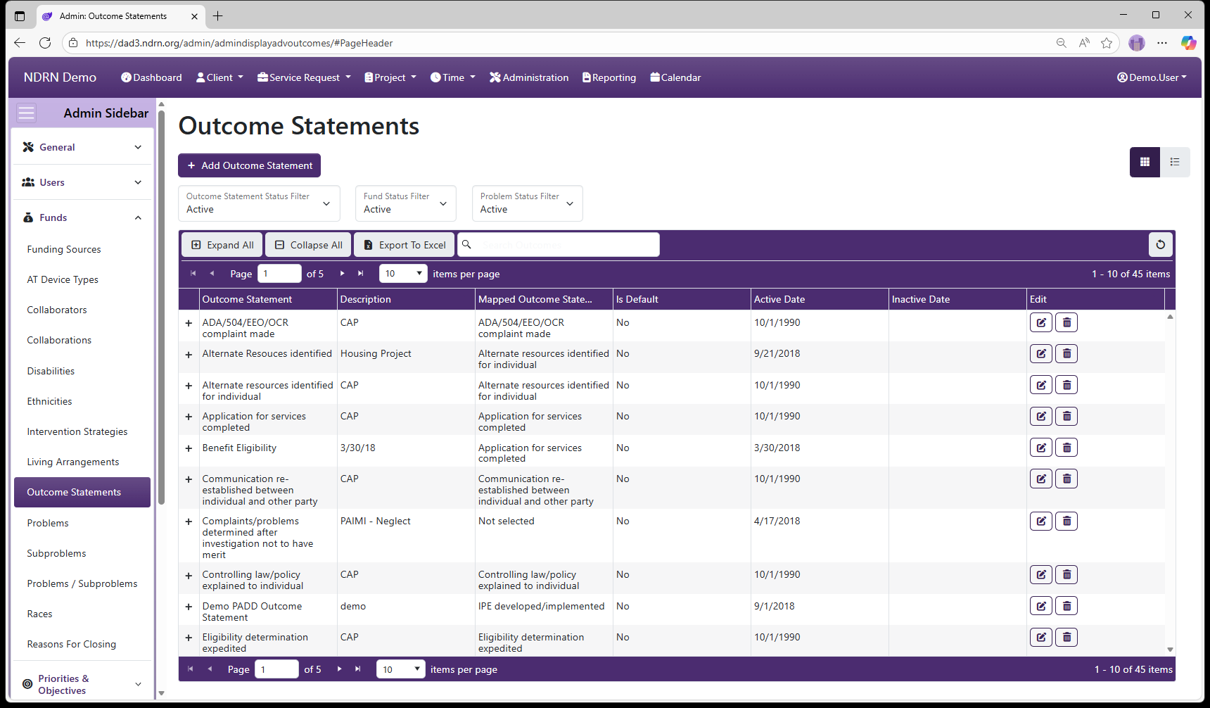 Outcome Statements admin page screenshot