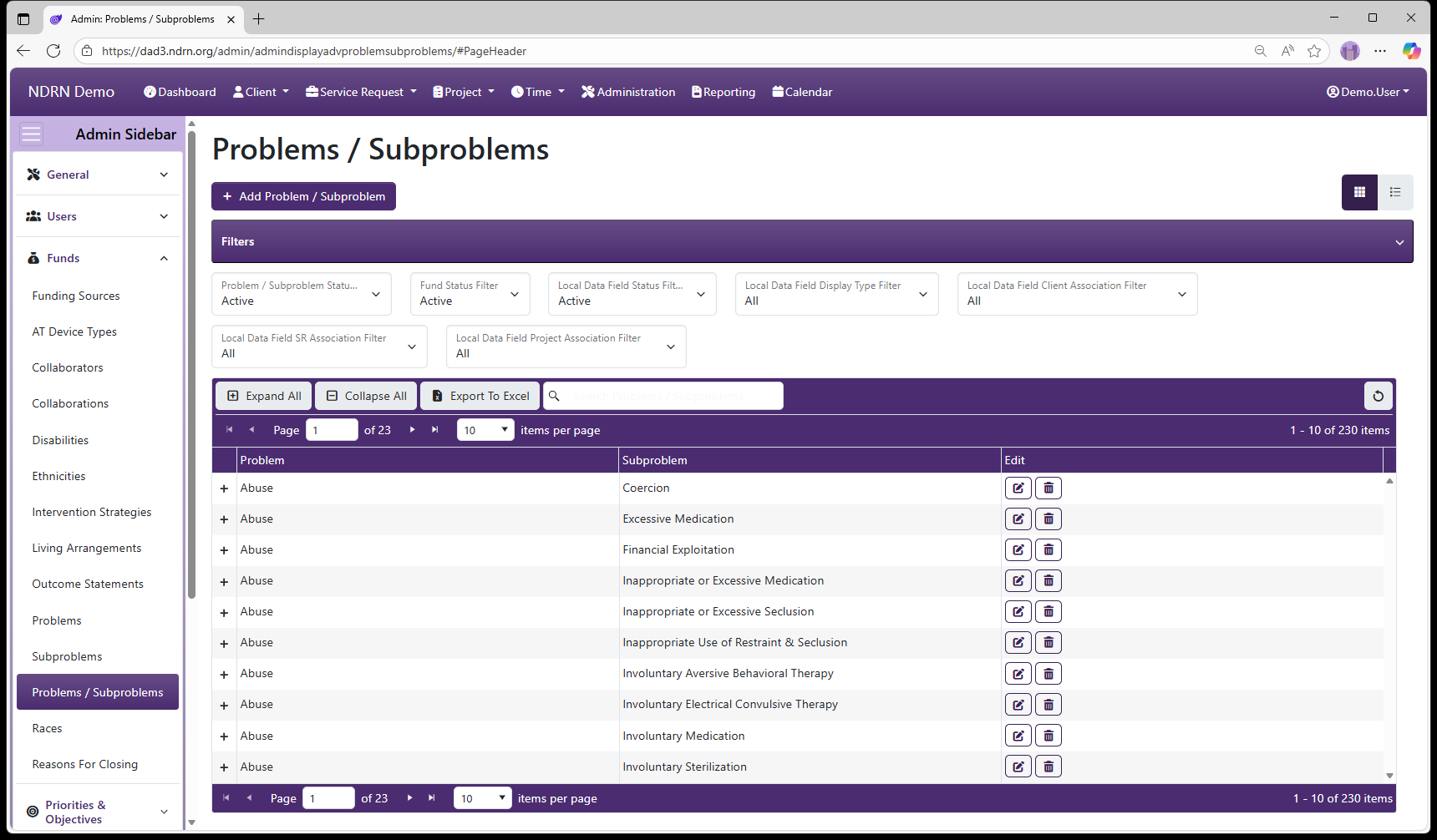 Problems / Subproblems admin page screenshot