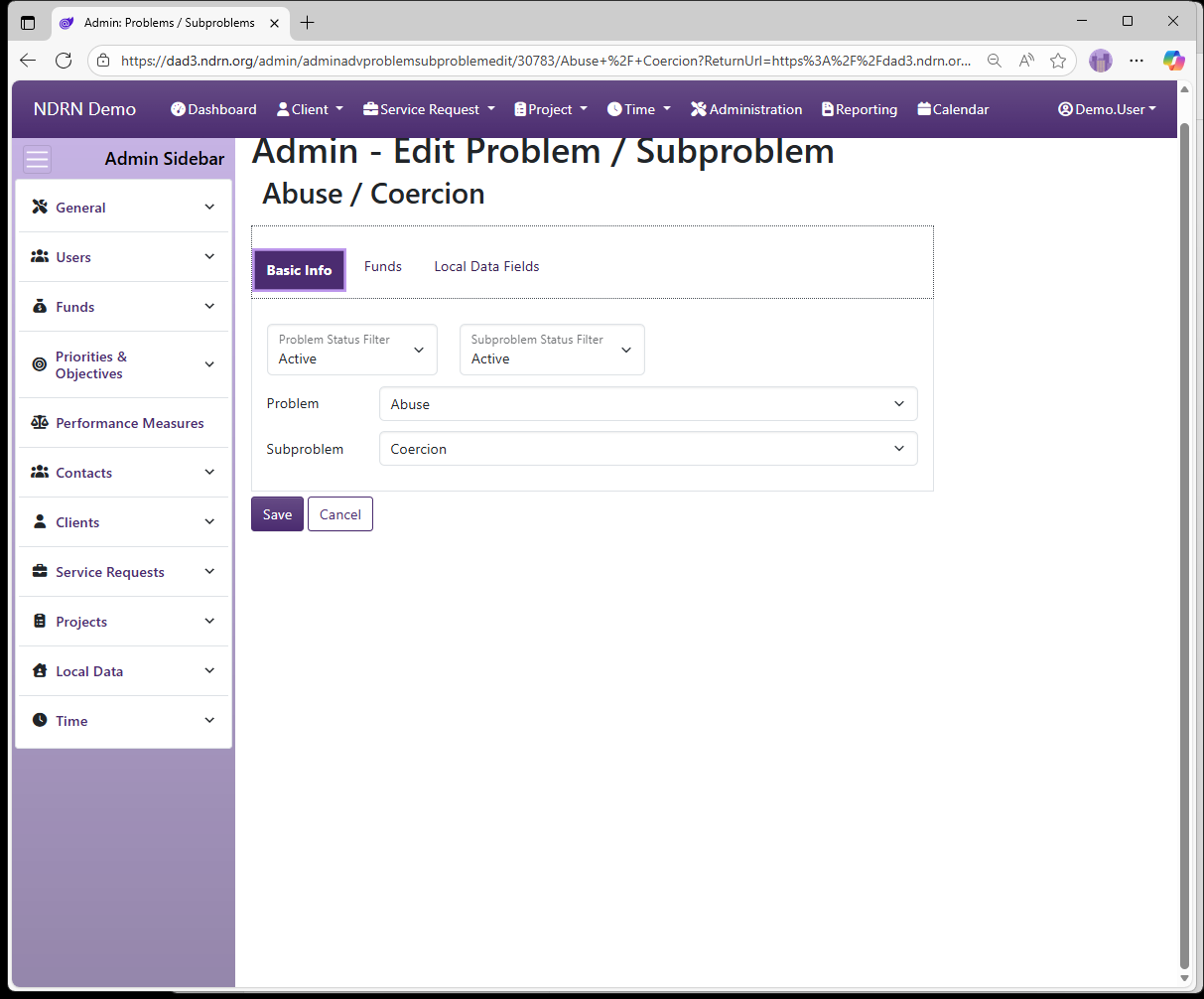 Screenshot of Funds Problems & Subproblems Form Basic Info tab