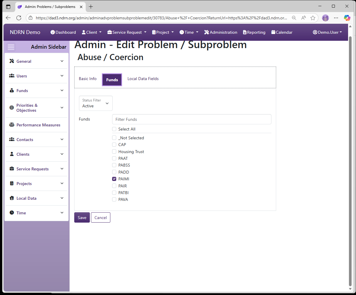 Screenshot of Funds Problems & Subproblems Form Funds tab