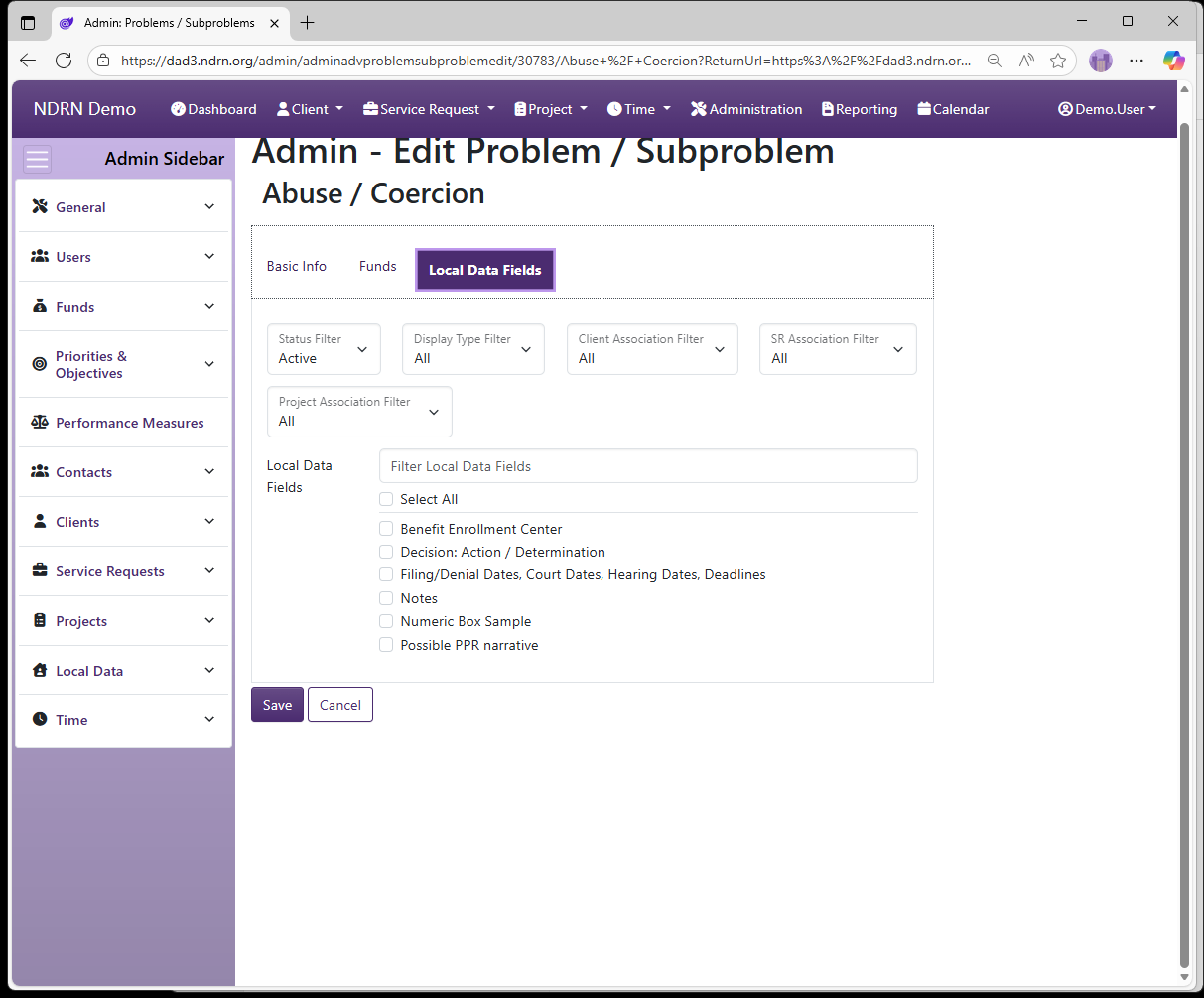 Screenshot of Funds Problems & Subproblems Form Local Data Fields tab