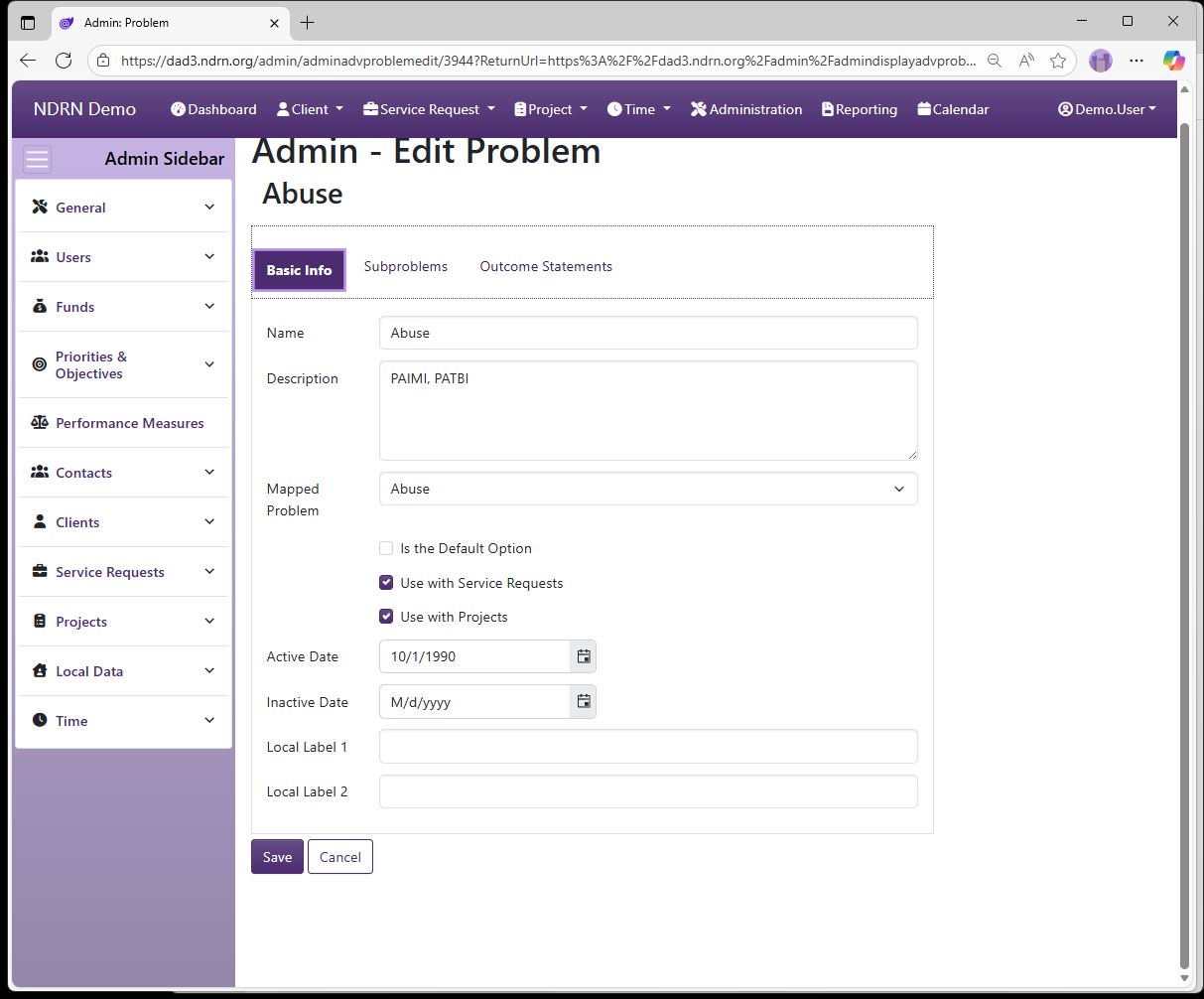 Screenshot of Funds Problems Form Basic Info tab