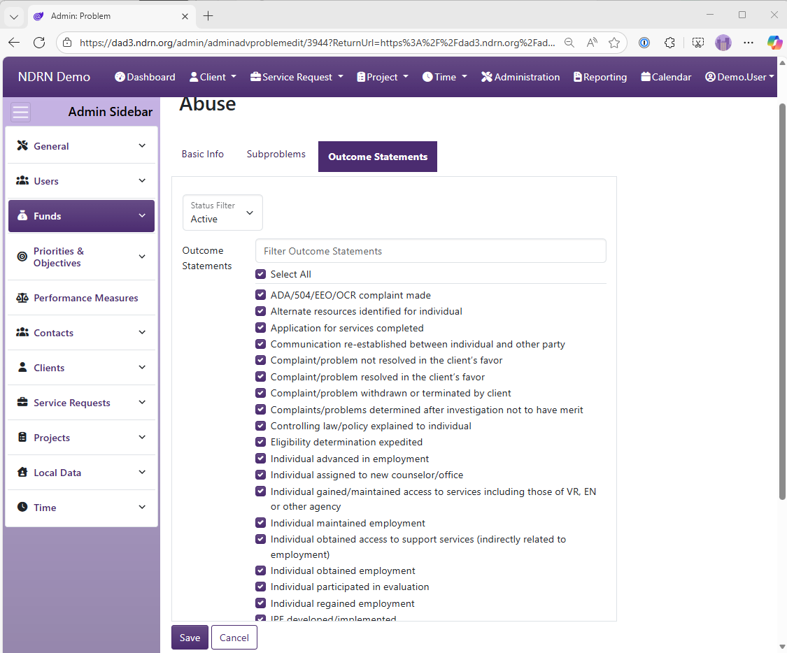 Screenshot of Funds Problems Form Outcome Statements tab