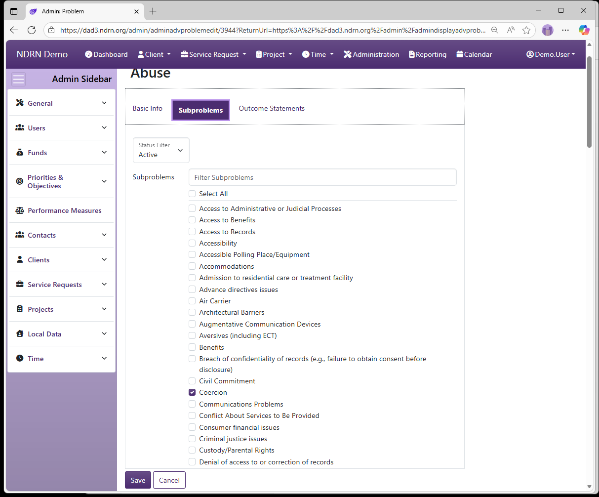 Screenshot of Funds Problems Form Subproblems tab