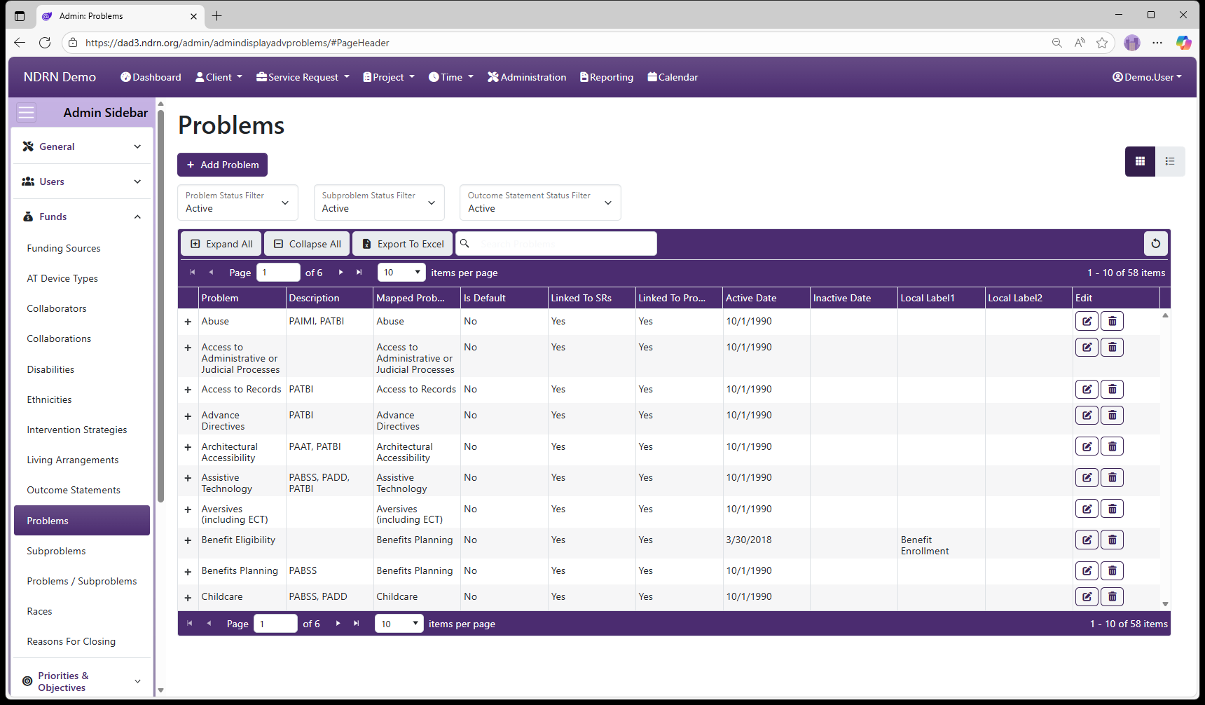 Problems admin page screenshot