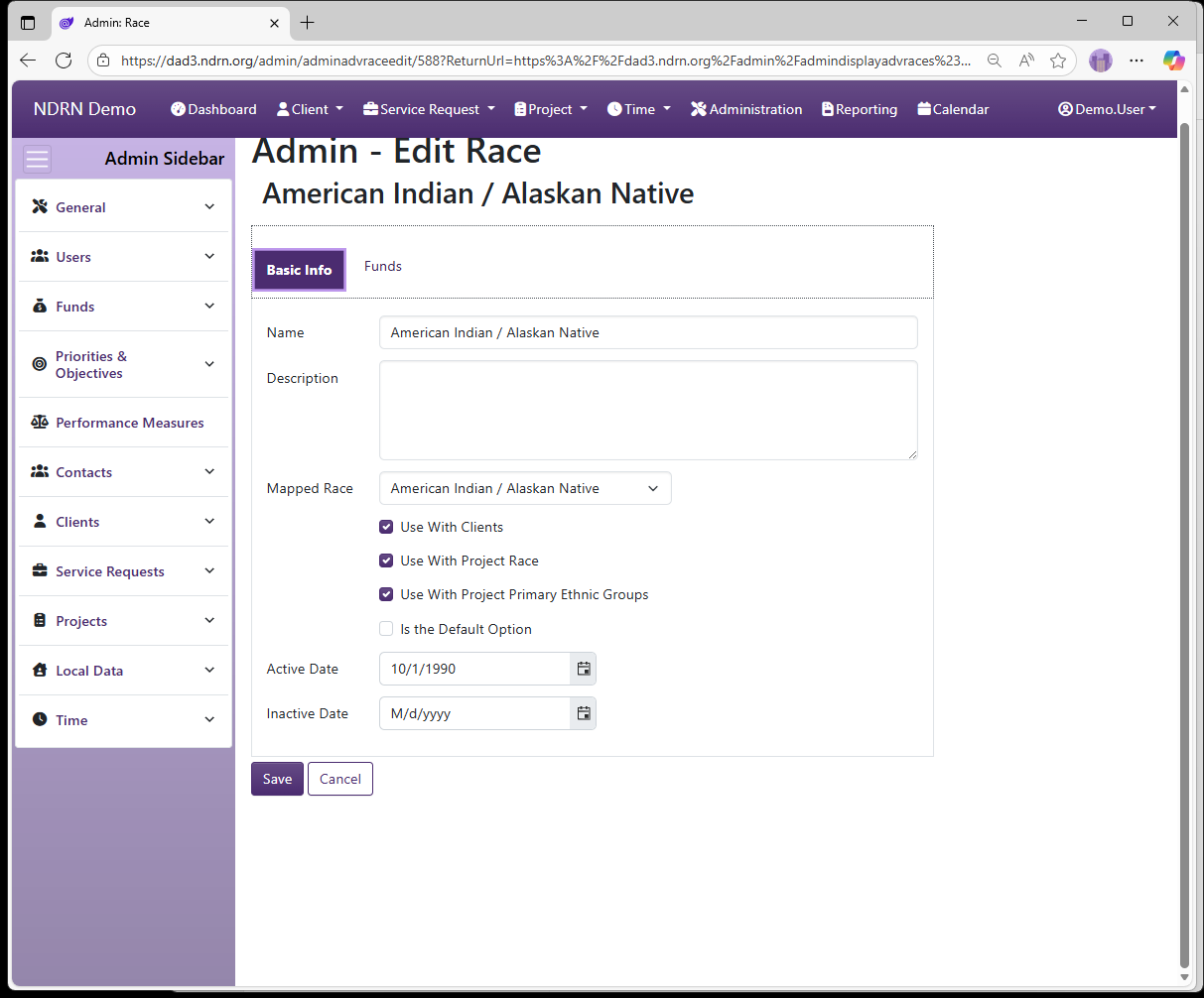 Screenshot of Funds Races Form Basic Info tab