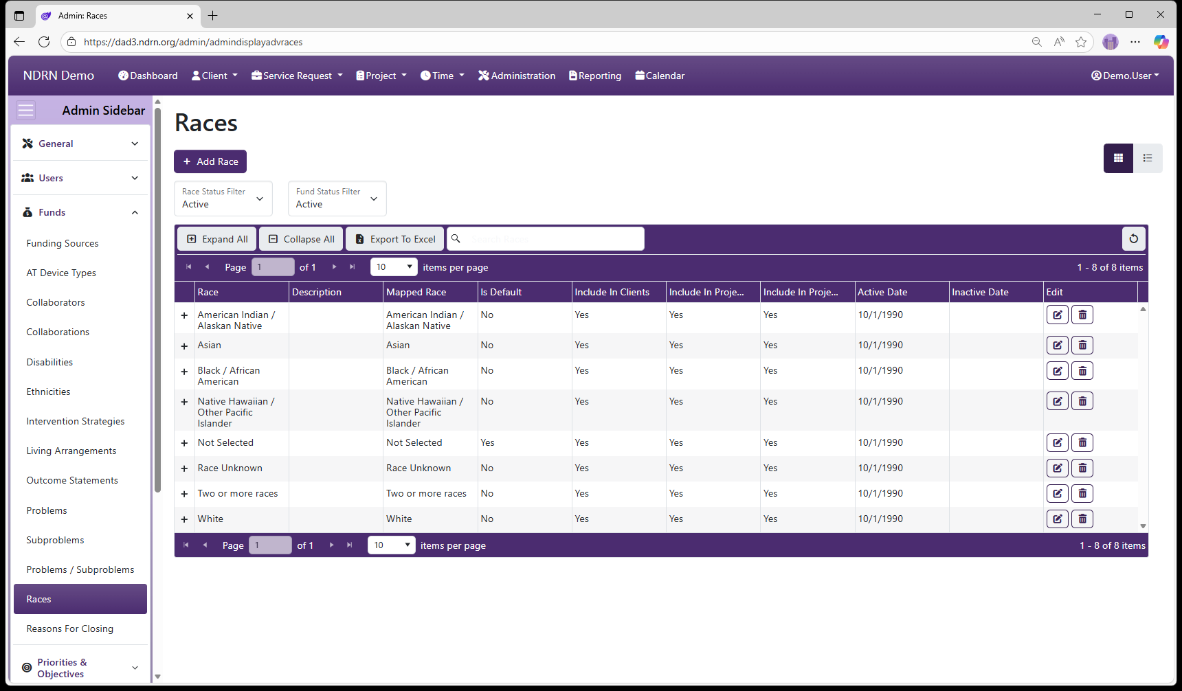Races admin page screenshot