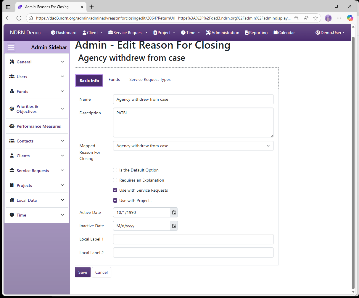 Screenshot of Funds Reasons For Closing Form Basic Info tab