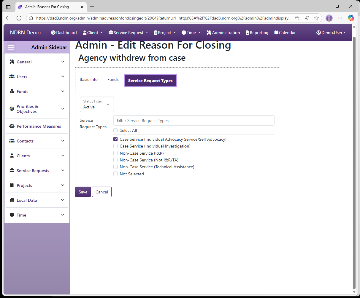 Screenshot of Funds Reasons For Closing Form Service Request Types tab