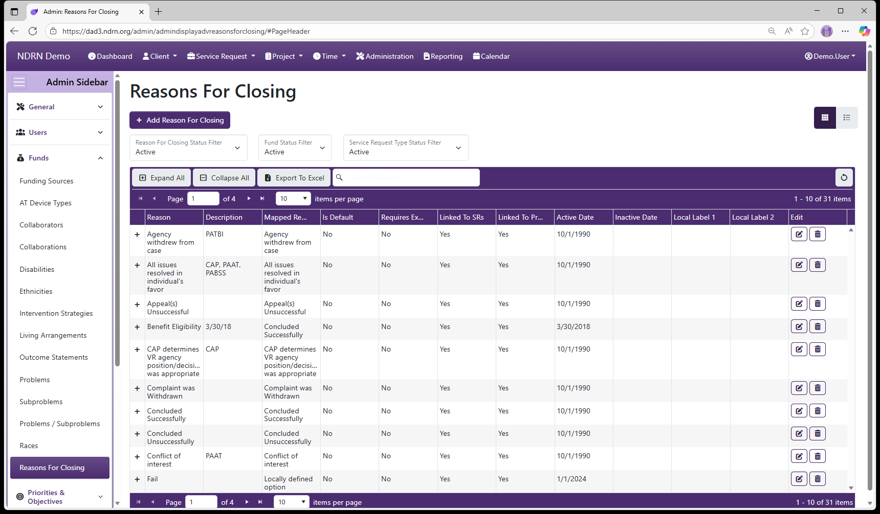 Reasons For Closing admin page screenshot