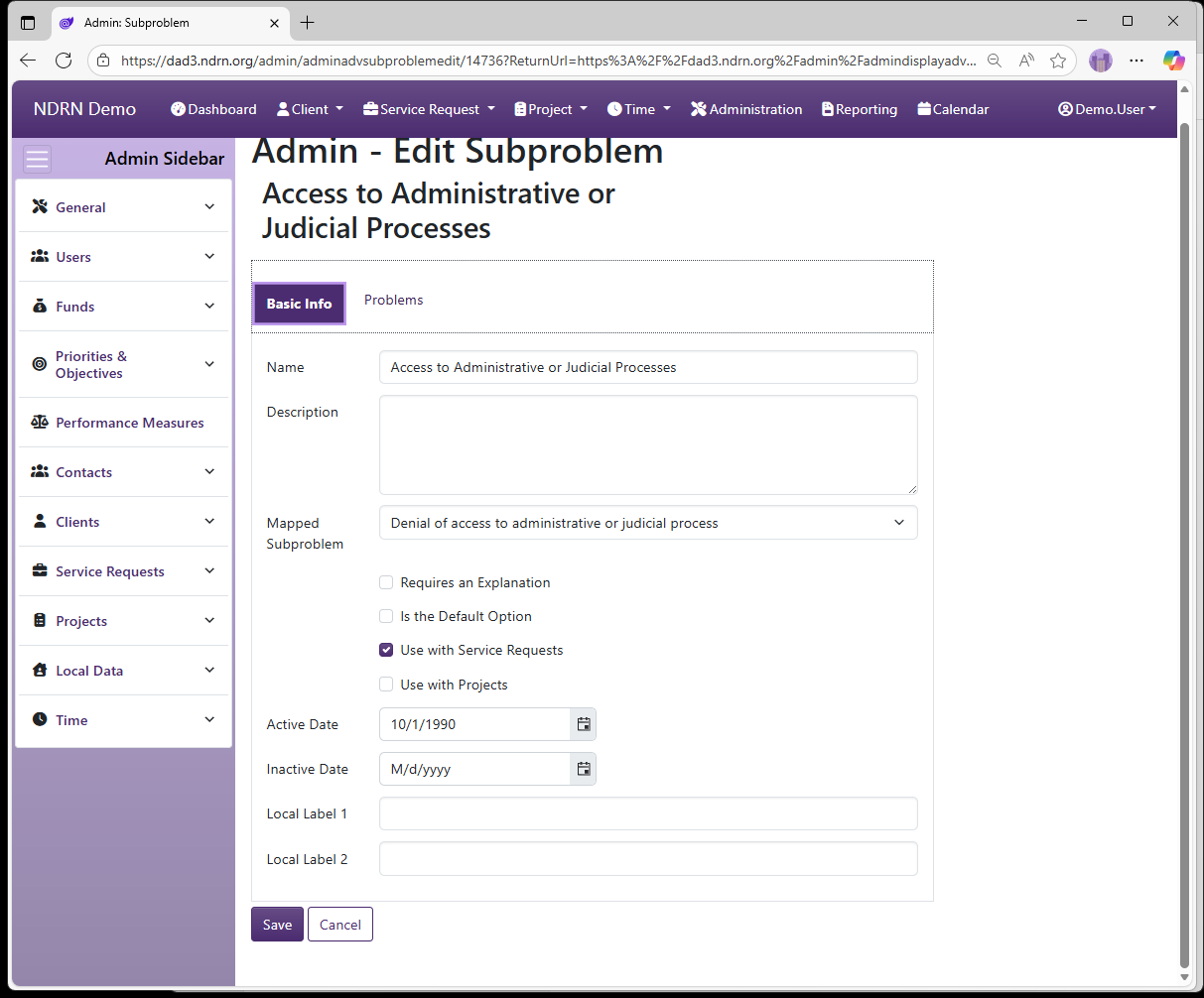Screenshot of Funds Subproblems Form Basic Info tab
