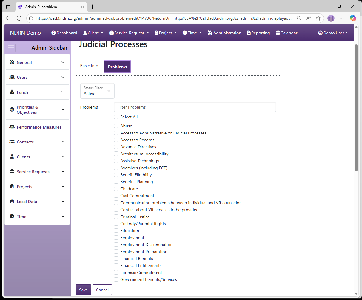 Screenshot of Funds Subproblems Form Problems tab
