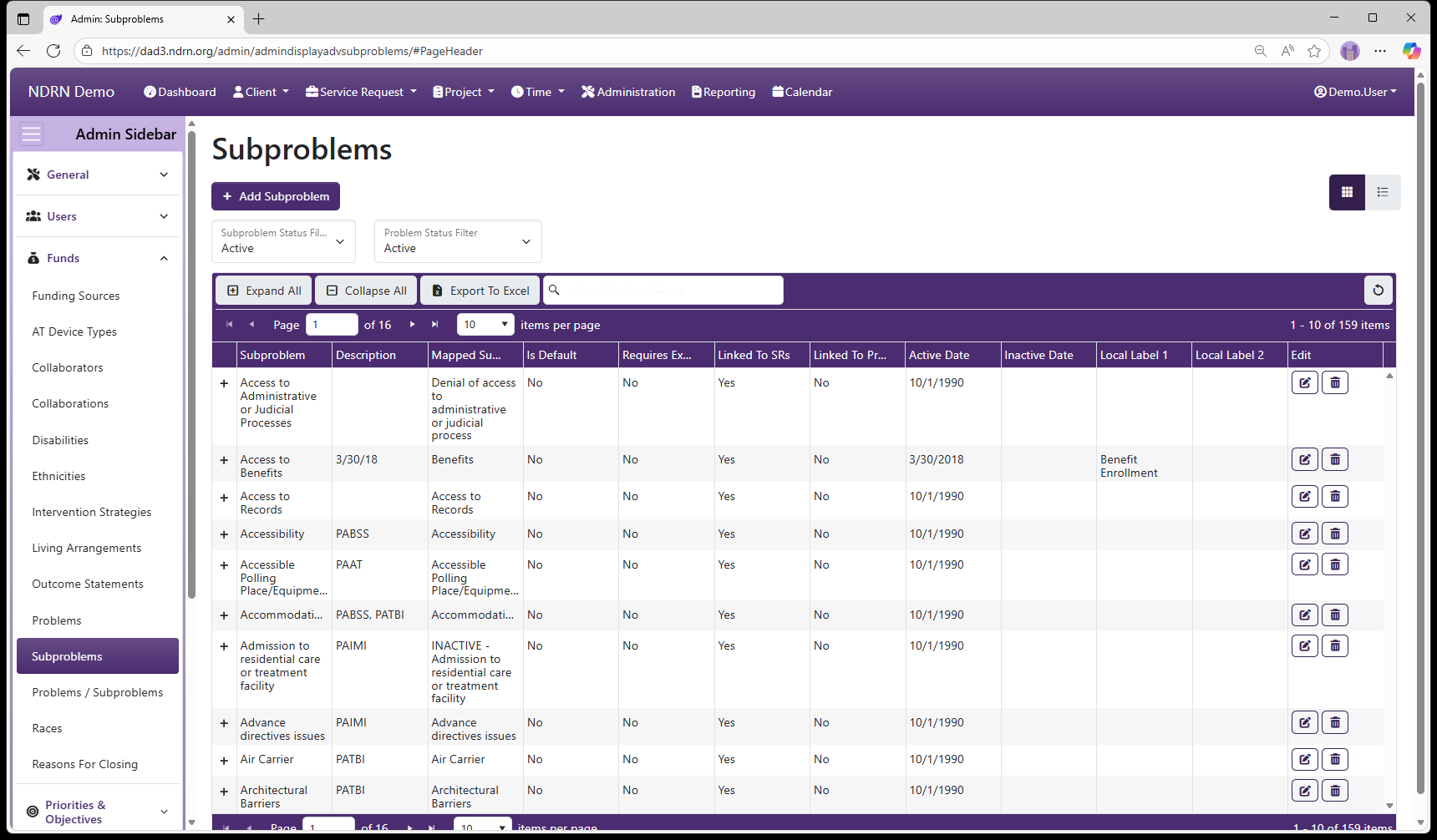 Subproblems admin page screenshot