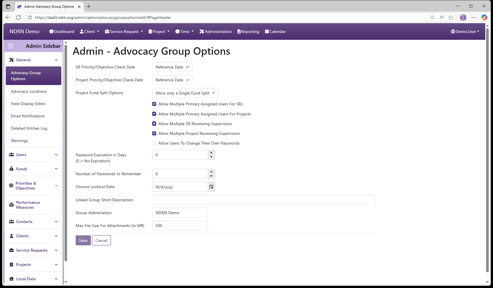 Advocacy Group Options admin page screenshot