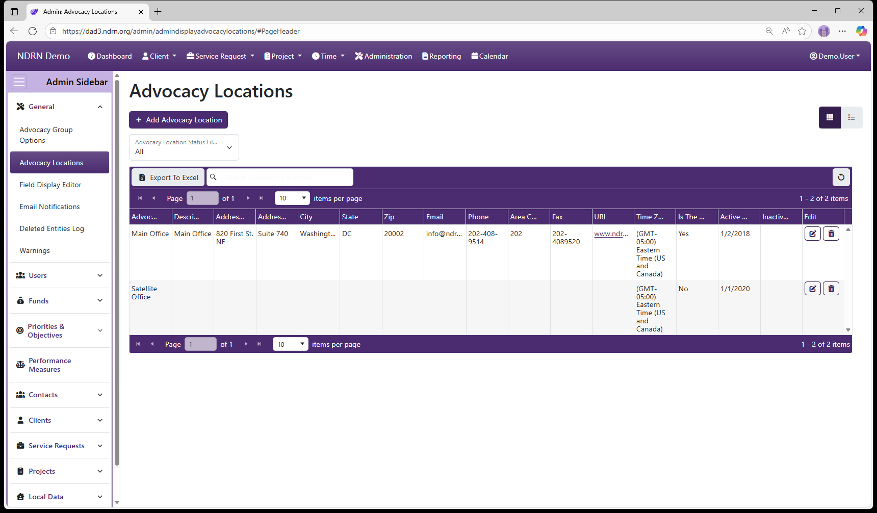 Advocacy Locations admin page screenshot