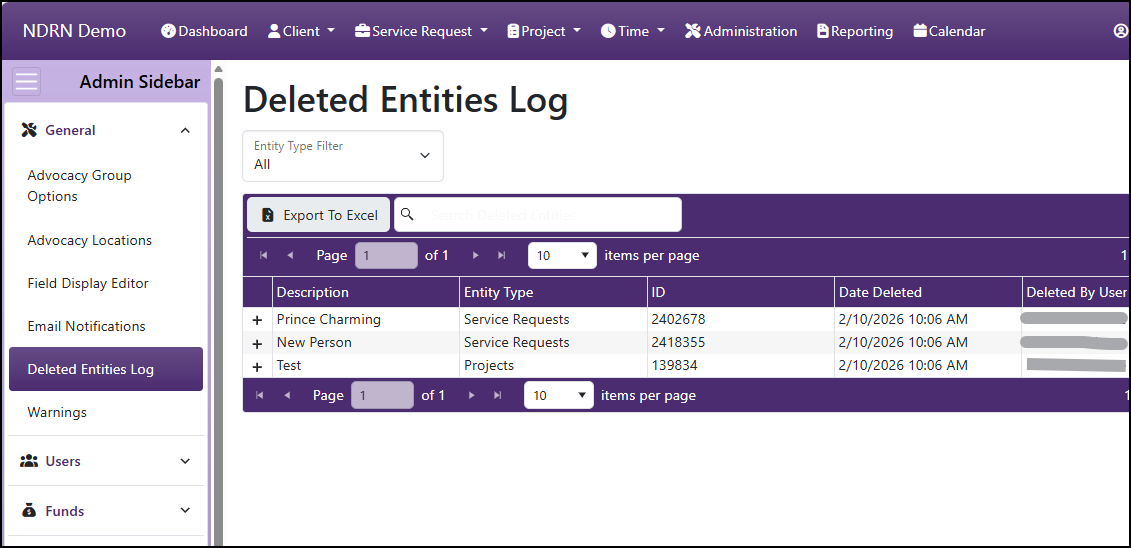 Deleted Entities Log admin page screenshot