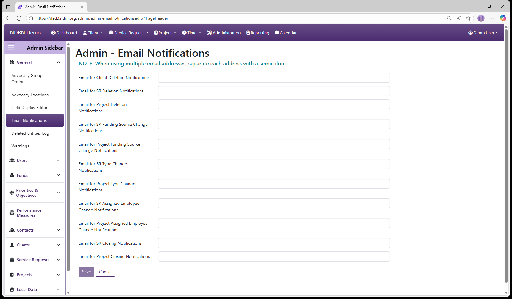 Email Notifications admin page screenshot