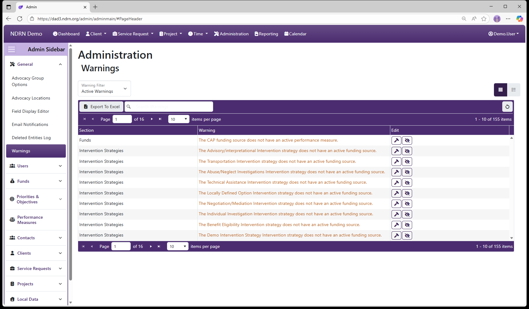 Warnings admin page screenshot