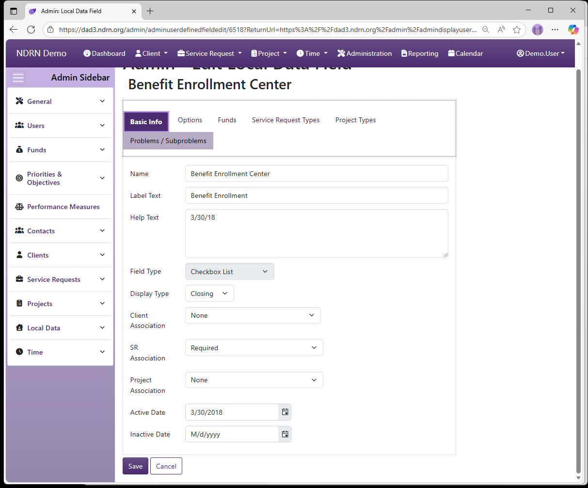Screenshot of Local Data Local Data Fields Form Basic Info tab
