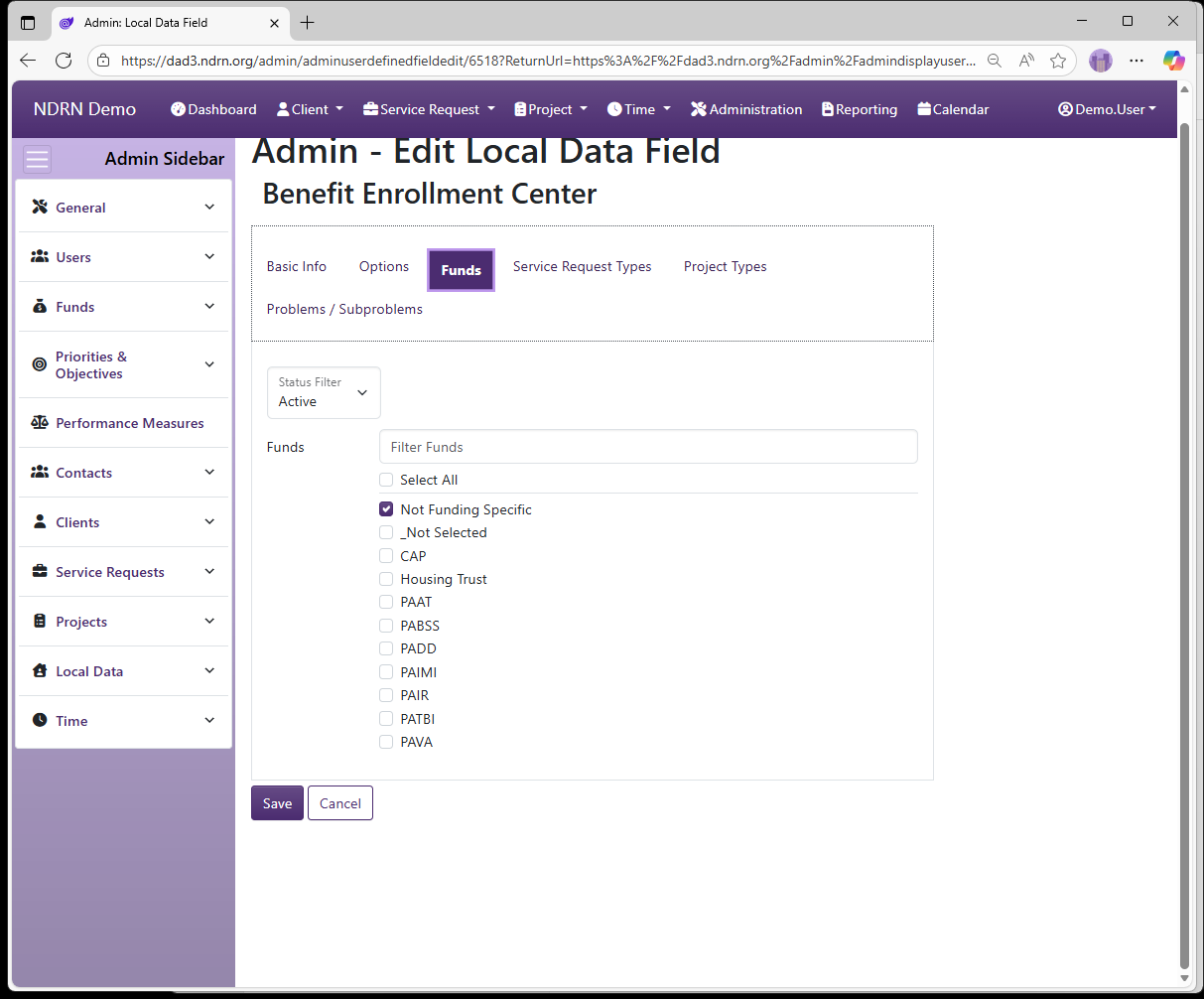 Screenshot of Local Data Local Data Fields Form Funds tab