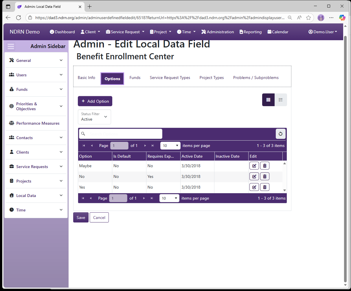 Screenshot of Local Data Local Data Fields Form Options tab