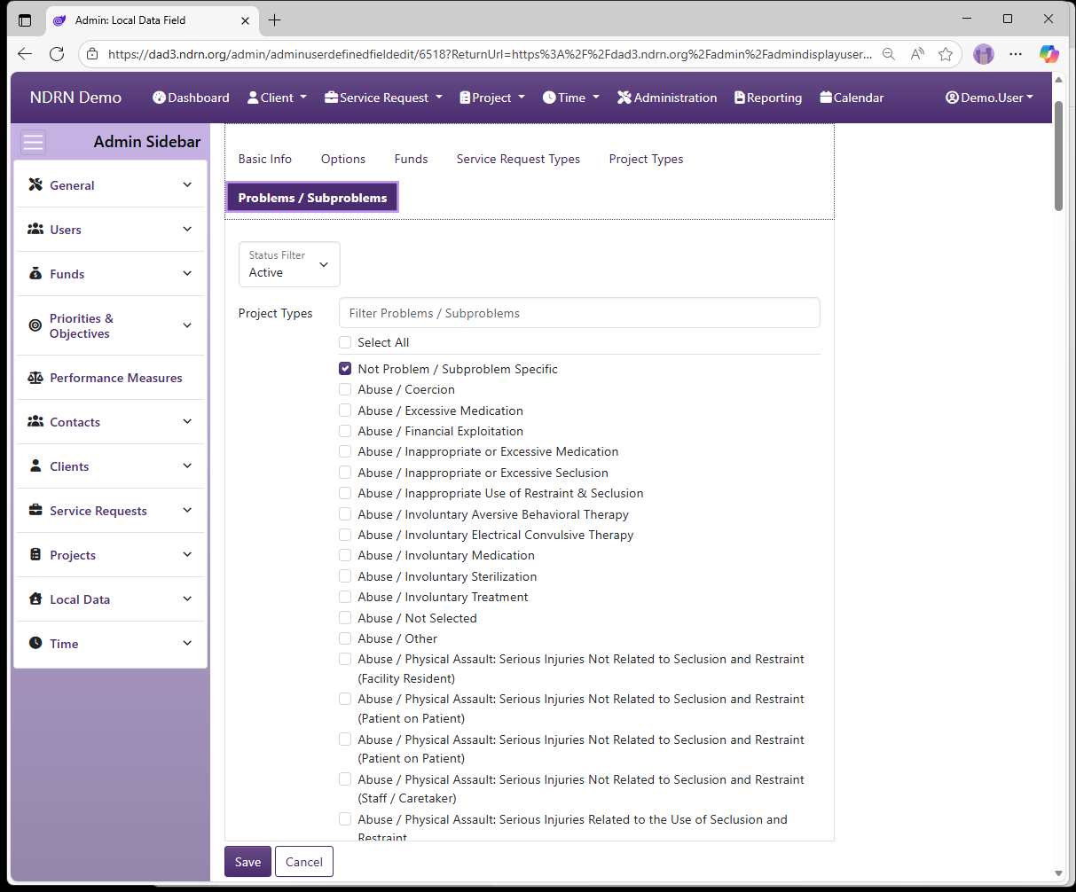 Screenshot of Local Data Local Data Fields Form Problems & Subproblems tab