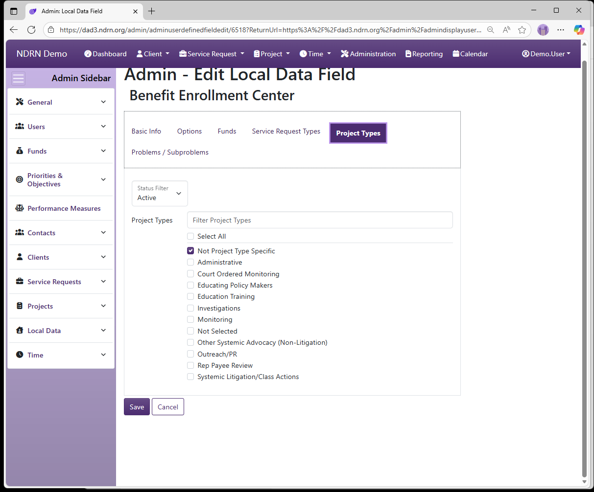 Screenshot of Local Data Local Data Fields Form Project Types tab