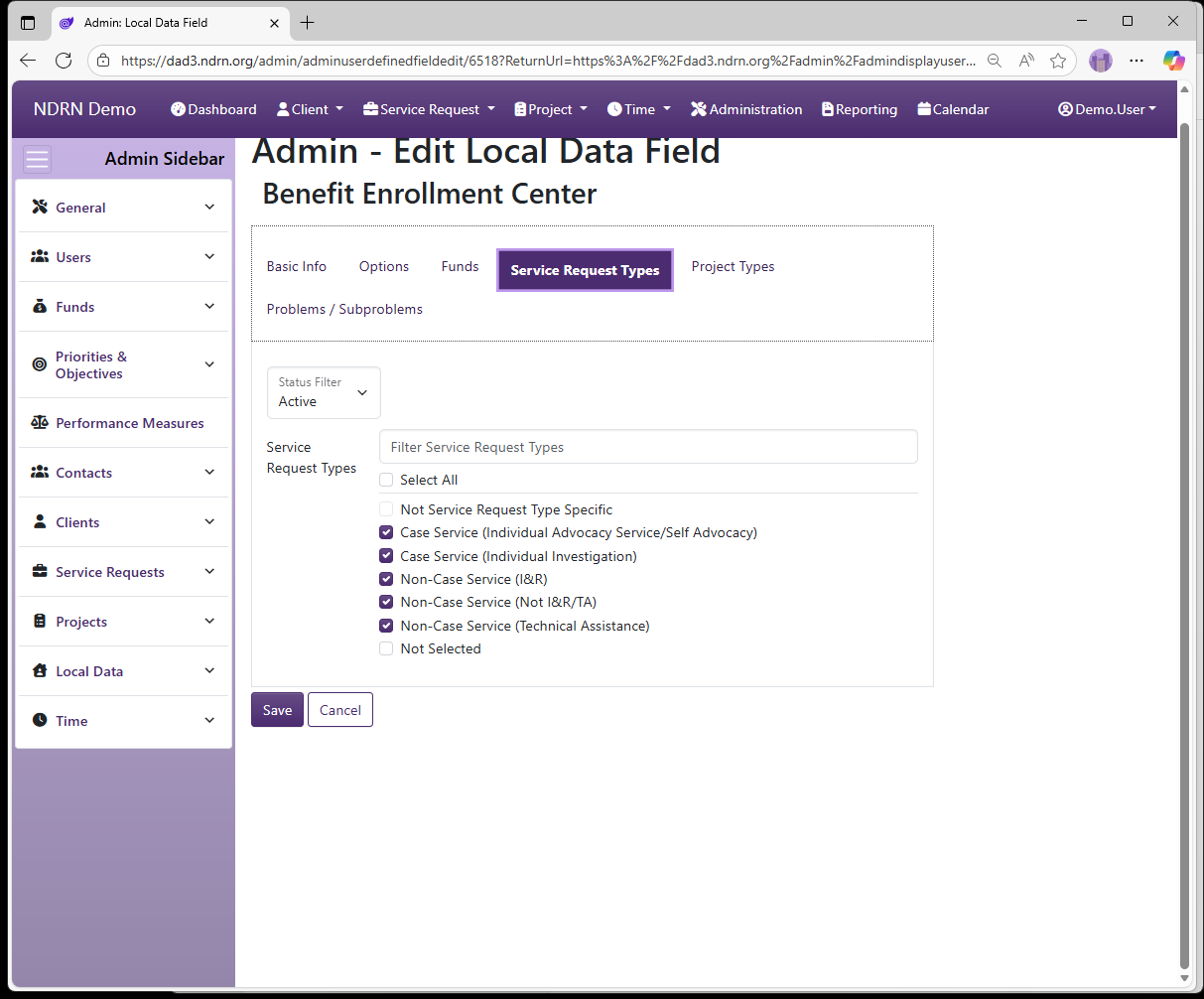 Screenshot of Local Data Local Data Fields Form Service Request Types tab