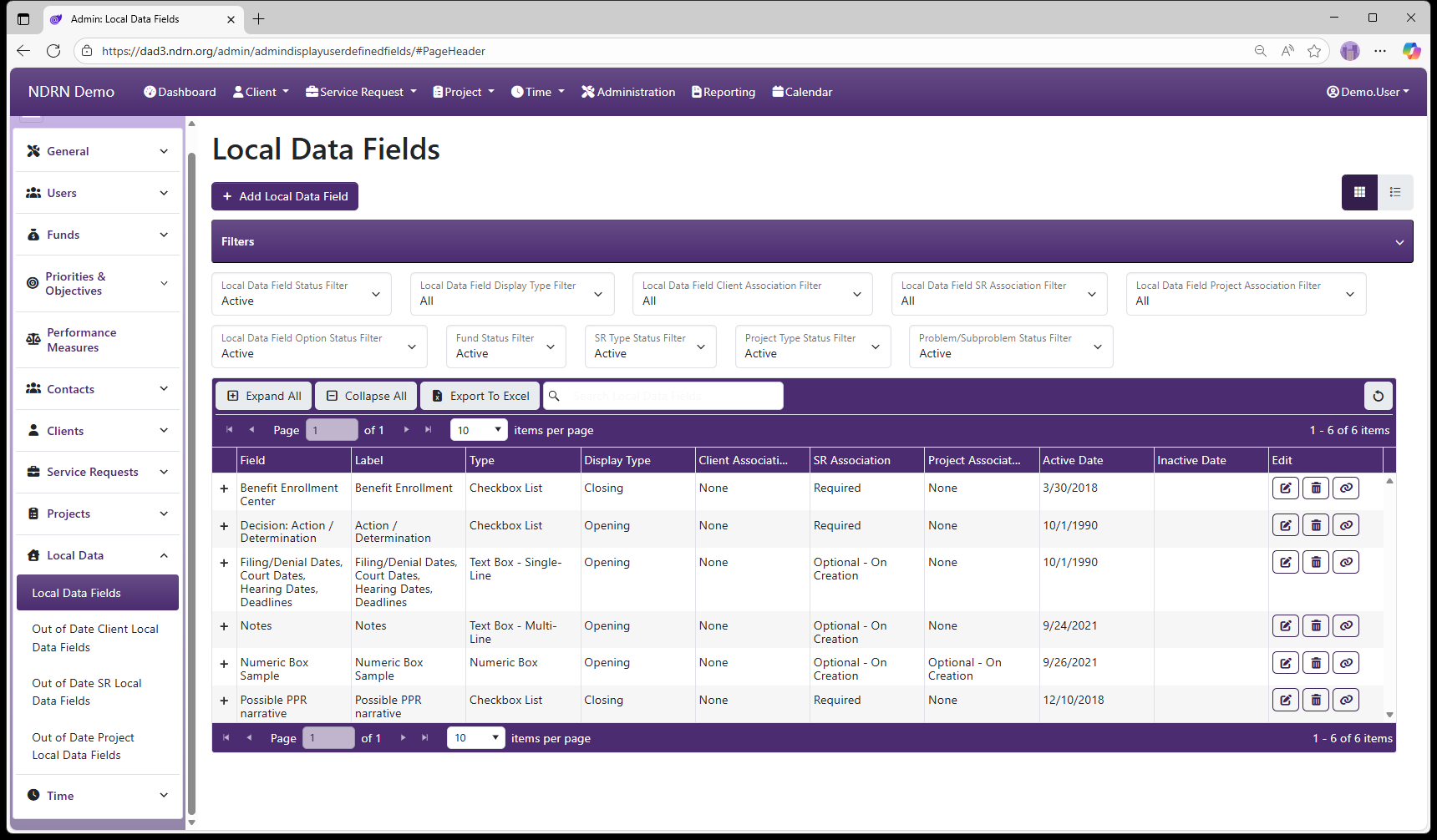 Local Data Fields admin page screenshot