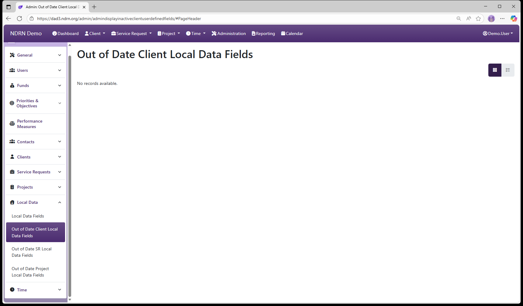 Out of Date Client Local Data Fields admin page screenshot
