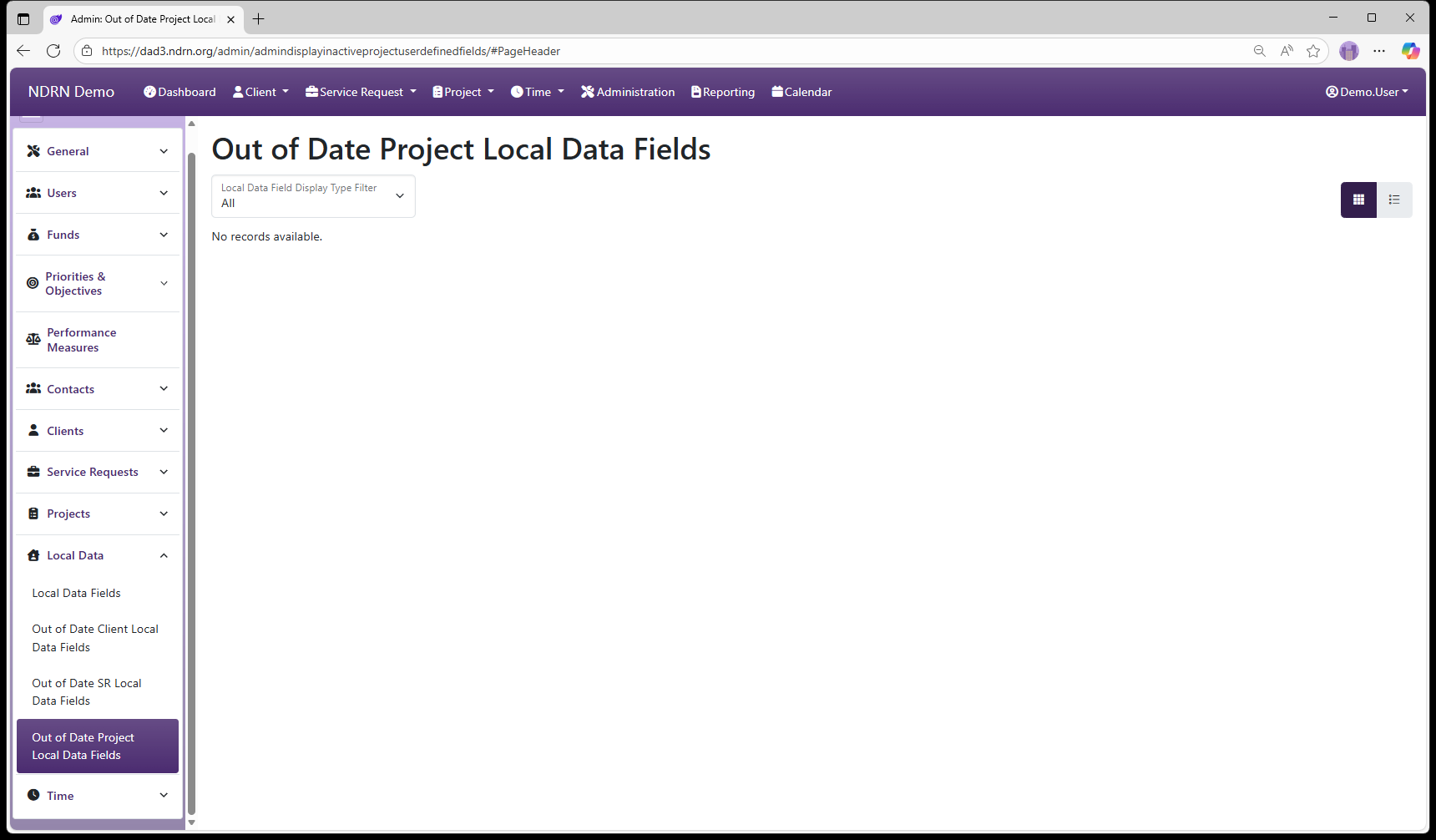 Out of Date Project Local Data Fields admin page screenshot