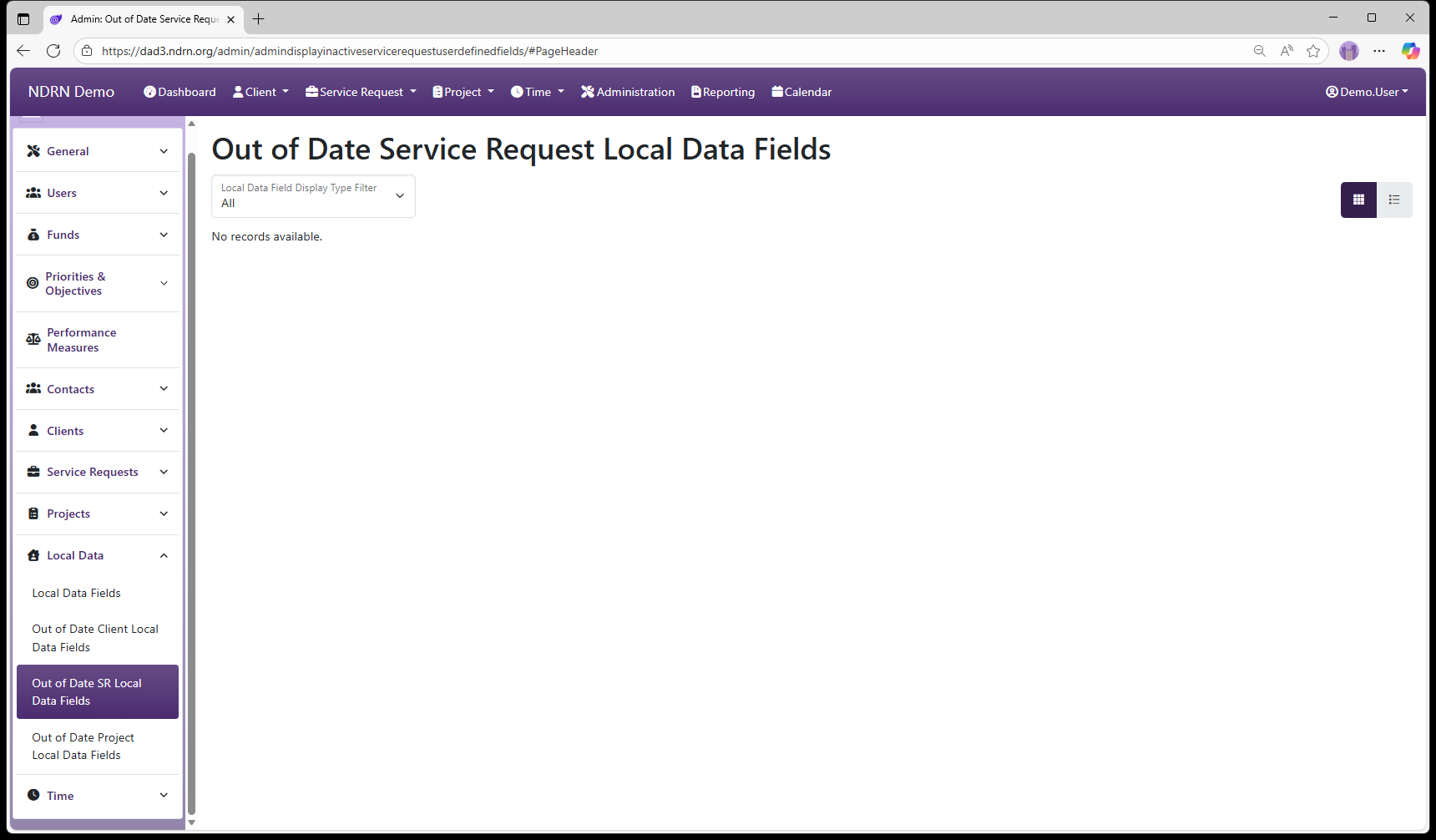 Out of Date SR Local Data Fields admin page screenshot