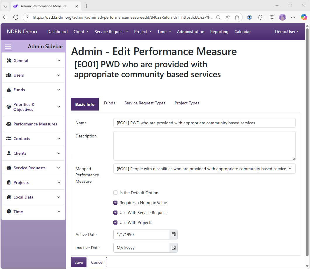 Screenshot of Performance Measures Form Basic Info tab