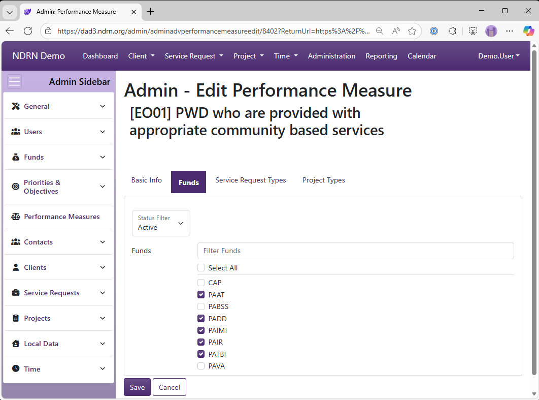 Screenshot of Performance Measure Form Funds tab