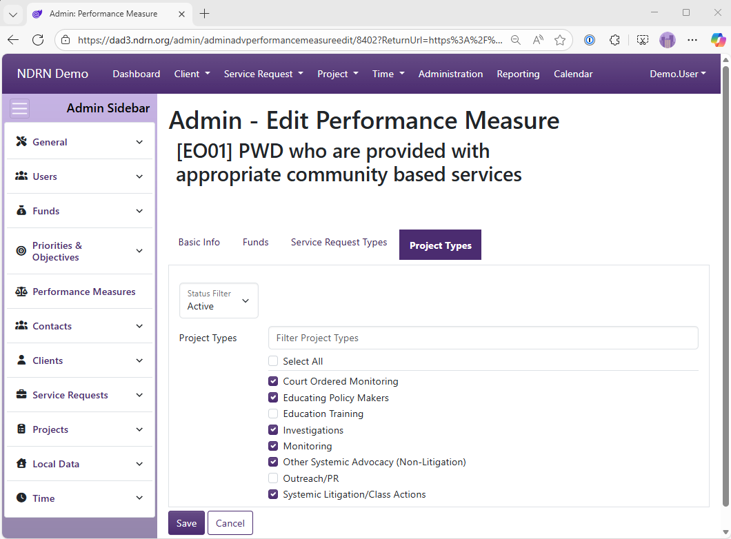 Screenshot of Performance Measure Form Project Types tab