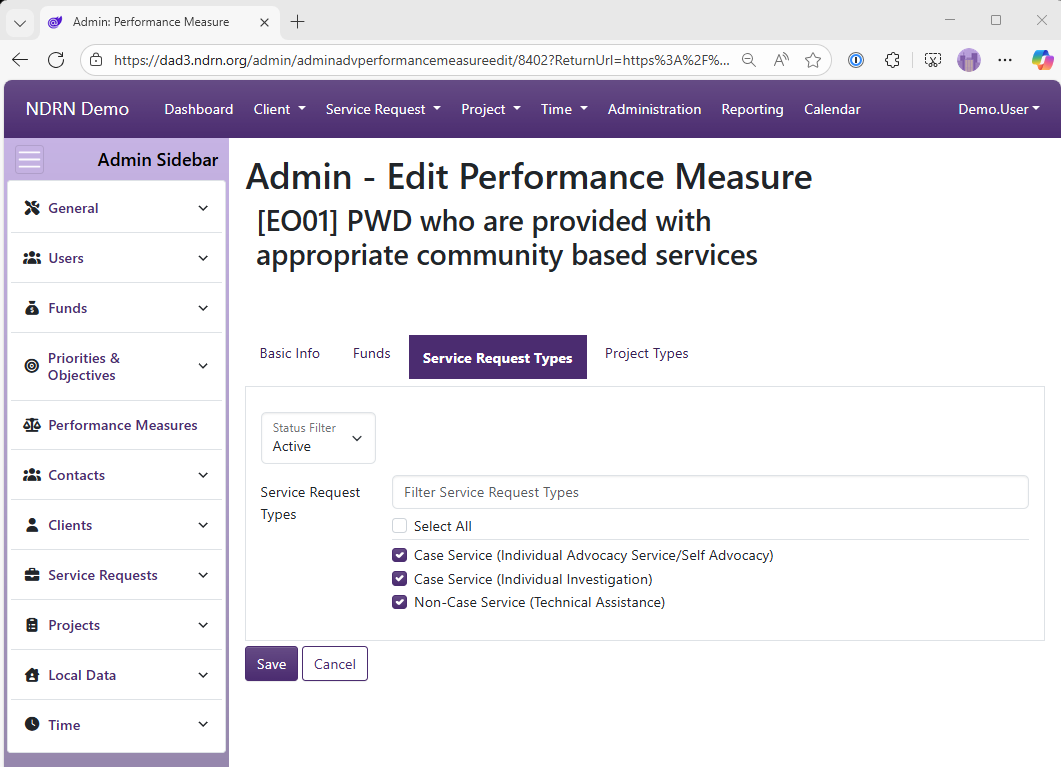 Screenshot of Performance Measure Form Service Request Types tab
