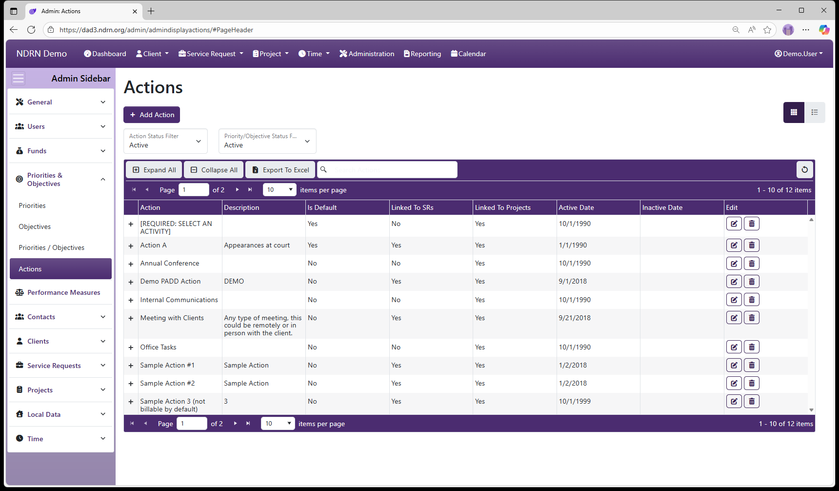 Actions admin page screenshot