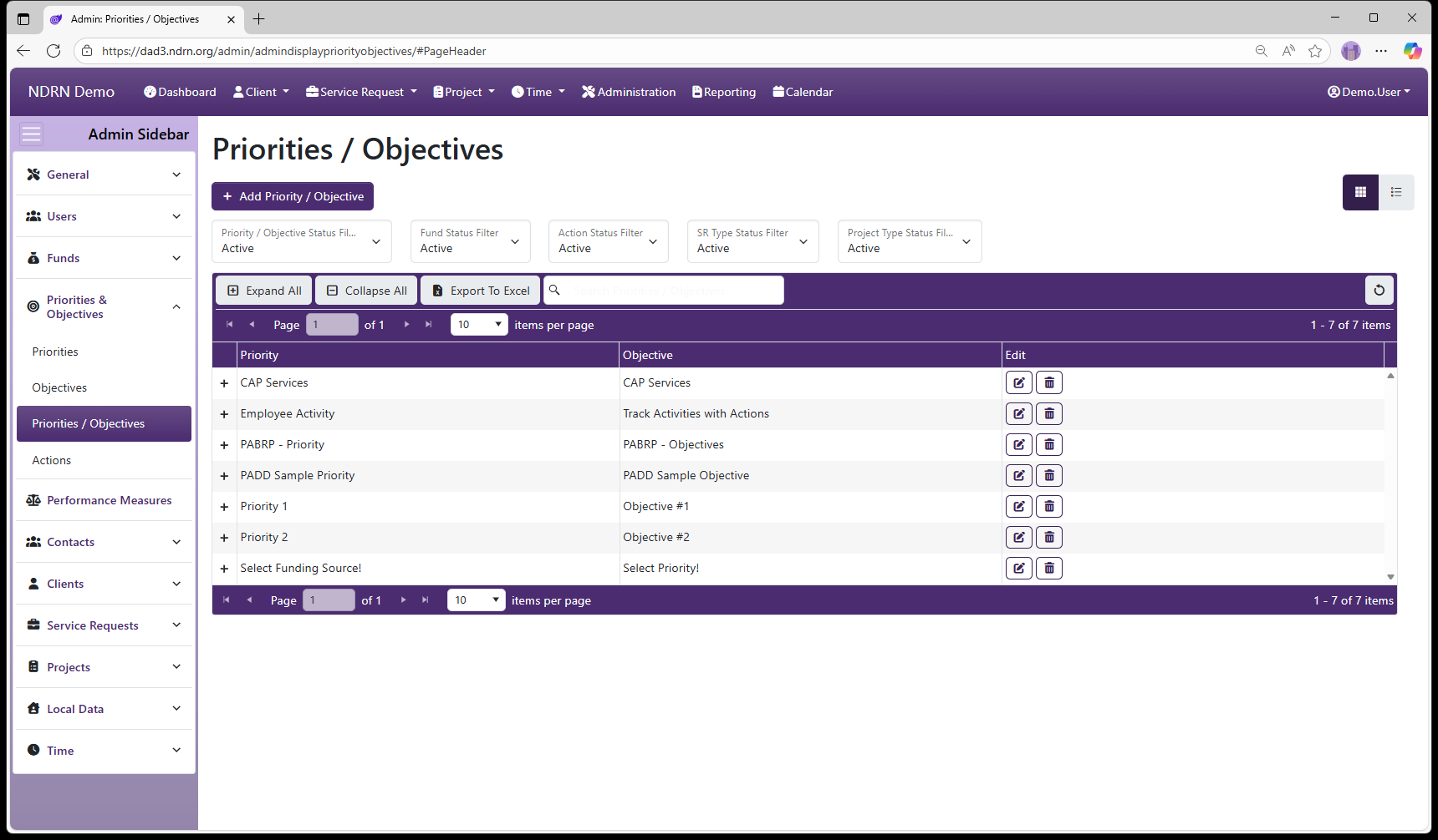 Priorities / Objectives admin page screenshot