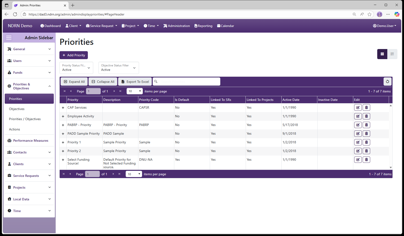 Priorities admin page screenshot
