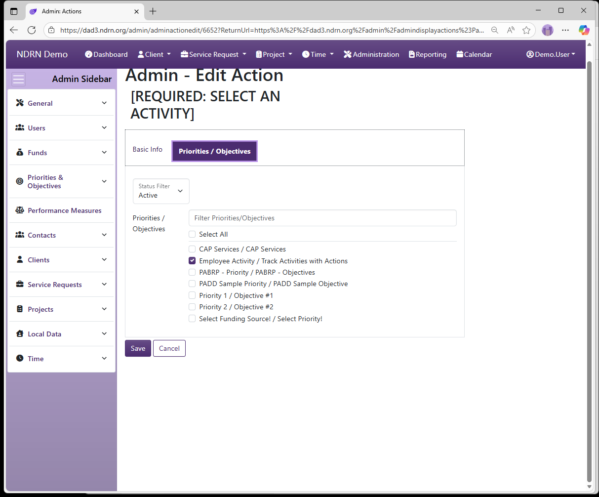 Screenshot of Priorities & Objectives Actions Form Priorities & Objectives tab