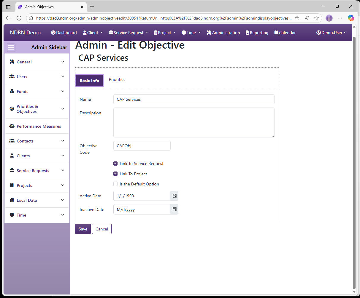 Screenshot of Objectives Form Basic Info tab