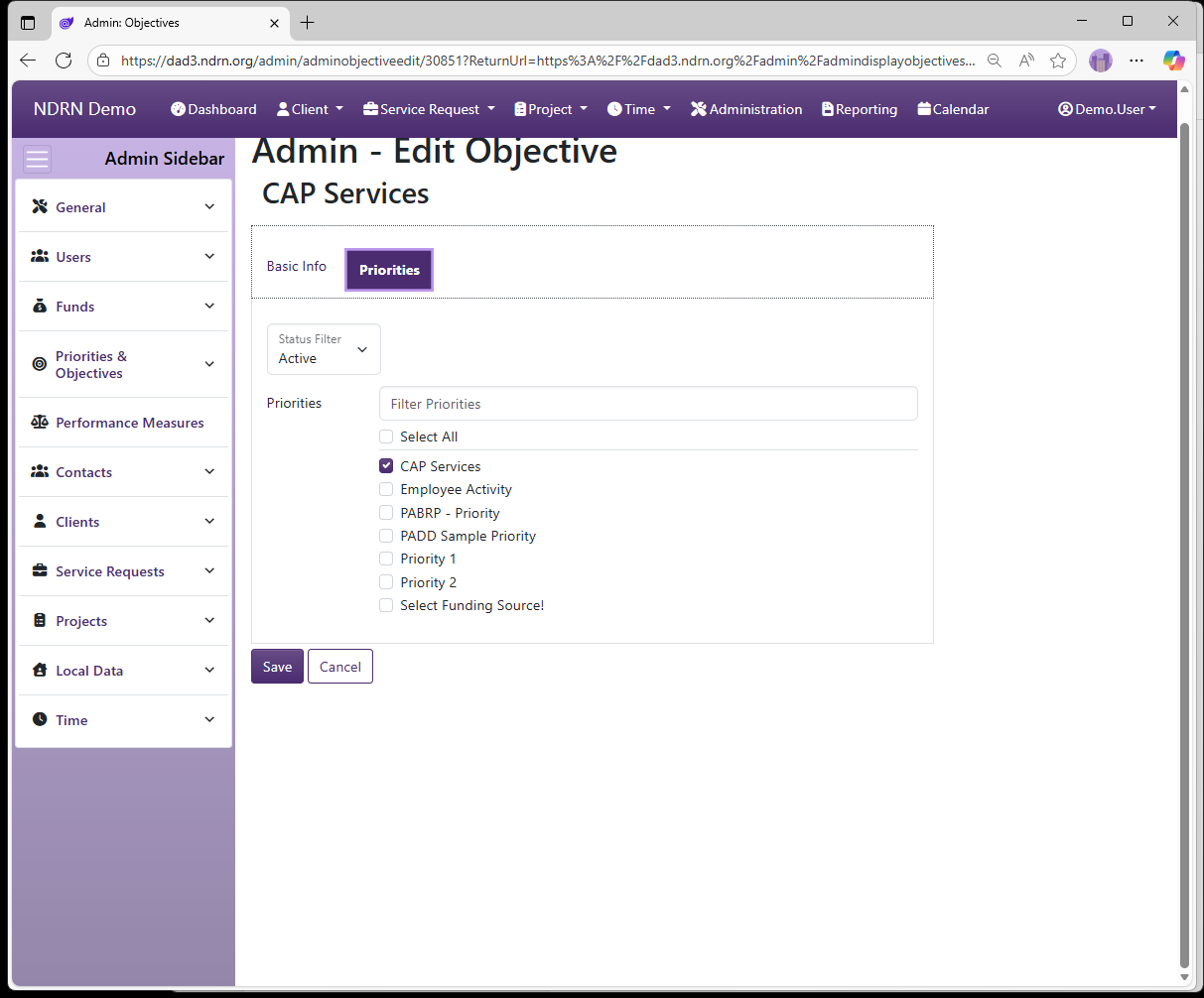 Screenshot Objectives Form Priorities tab
