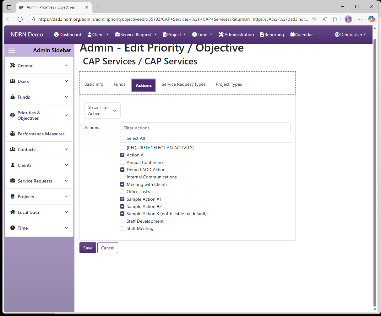 Screenshot of Priorities & Objectives Priorities & Objectives Form Actions tab
